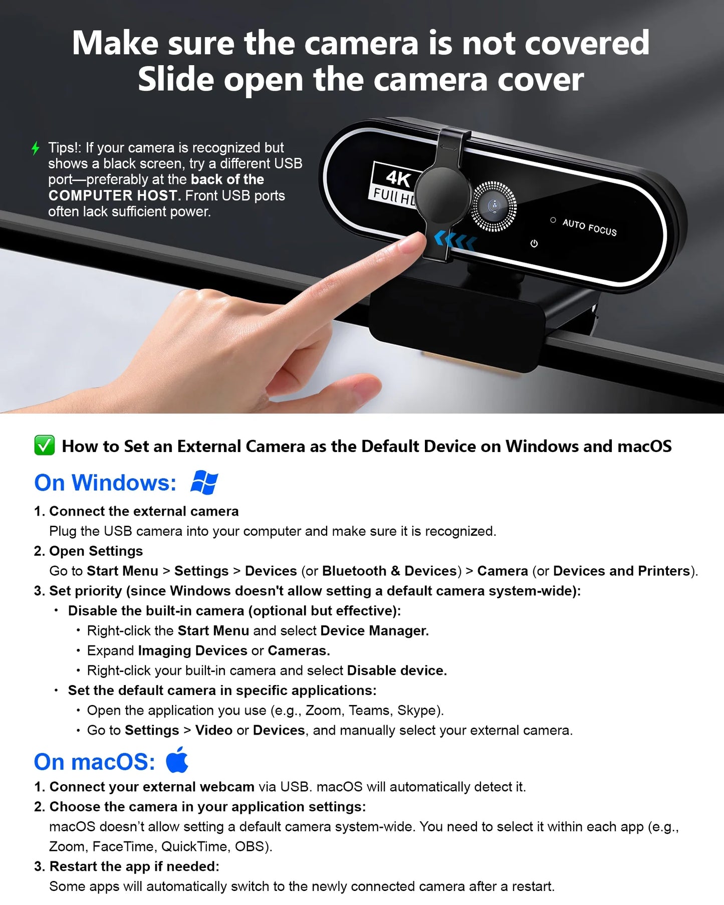 Webcam 4K HD USB Autofocus PC Webcam with Dual Mics for Xbox Laptop Computer Gaming Webcam