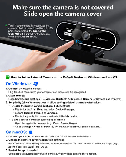 Webcam 4K HD USB Autofocus PC Webcam with Dual Mics for Xbox Laptop Computer Gaming Webcam